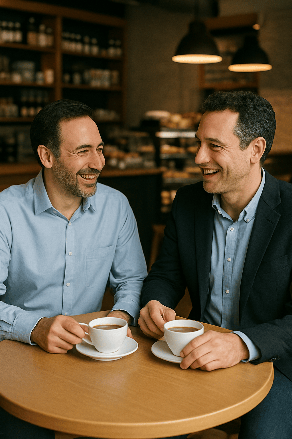 shop owner smiling in his supermarket, with shelves in the background.